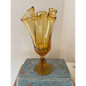Vintage Fenton Handkerchief Amber Thumbprint Pattern Vase - 8" Swung Vase